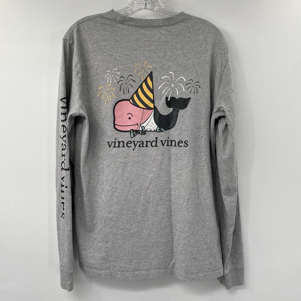 Vineyard Vines T-Shirt Men Small Gray Party Whale Pocket Long Sleeve Graphic Tee - Picture 3 of 5